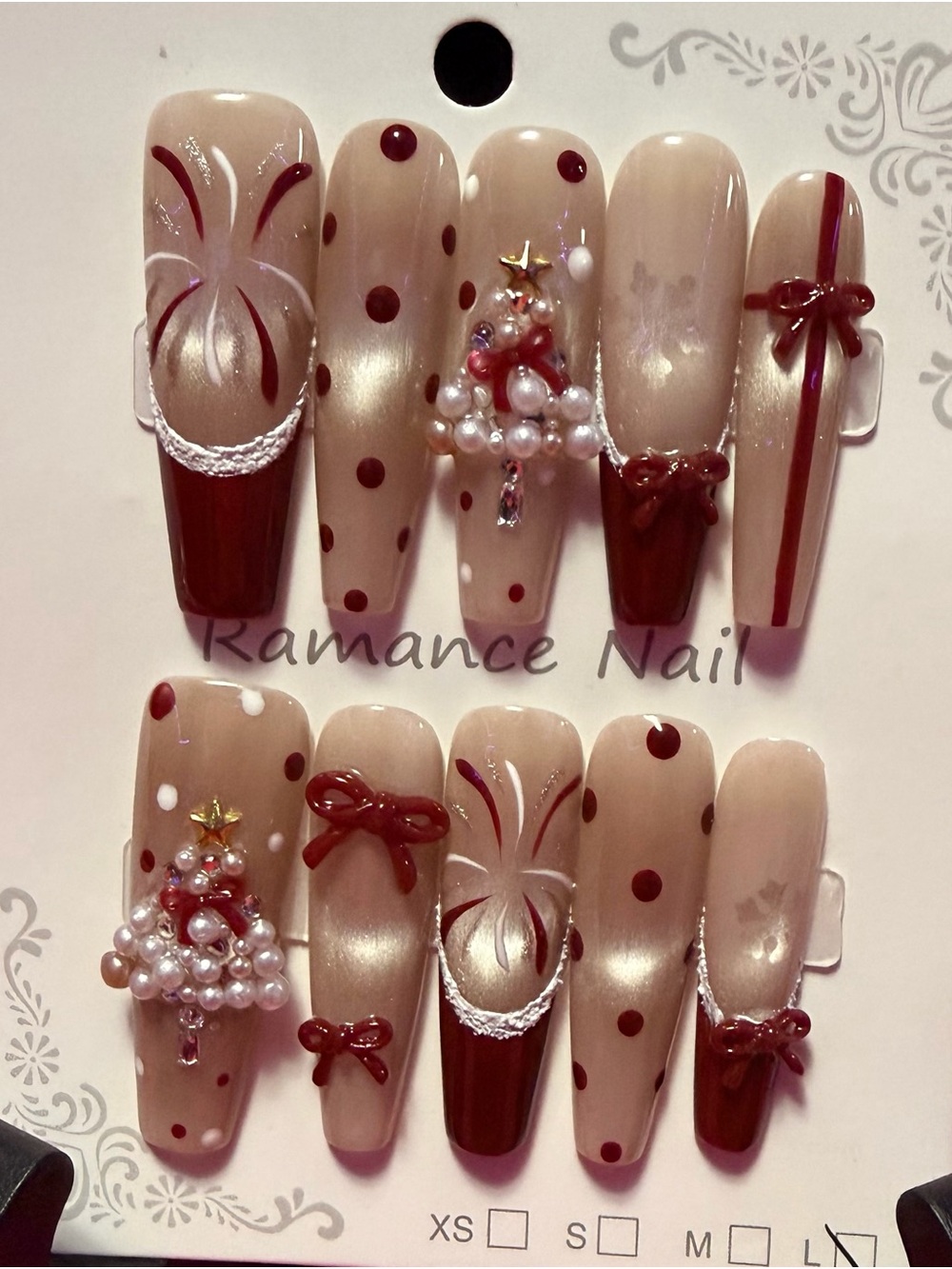 Romantic Beige & Burgundy Pearl Nail Set - Women Makeup